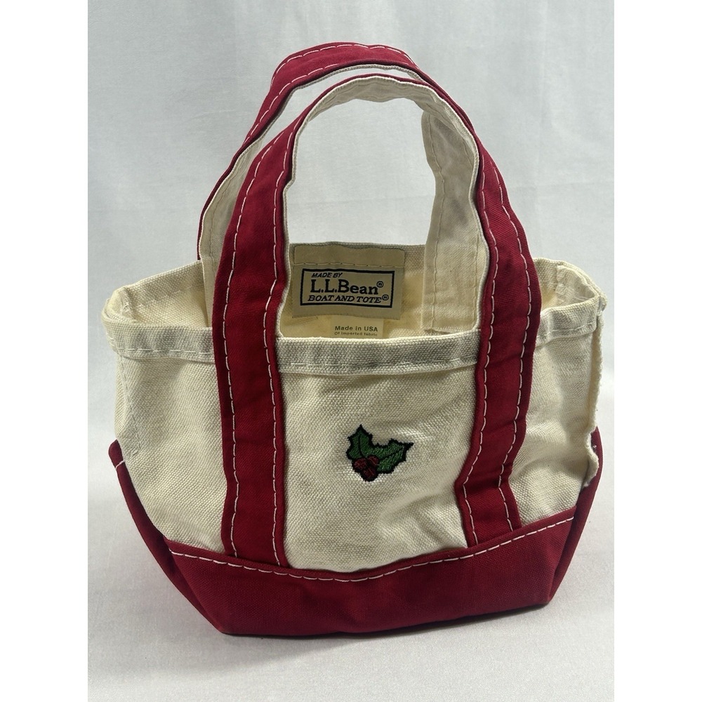 Vintage LL Bean USA Mini Boat Tote Bag Canvas Red Ivory Holly Leaf Christmas